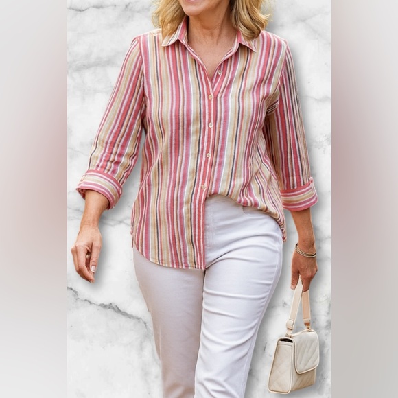 Chico's Tops - Chicos 100% Linen Striped Button Up Blouse Top Size M